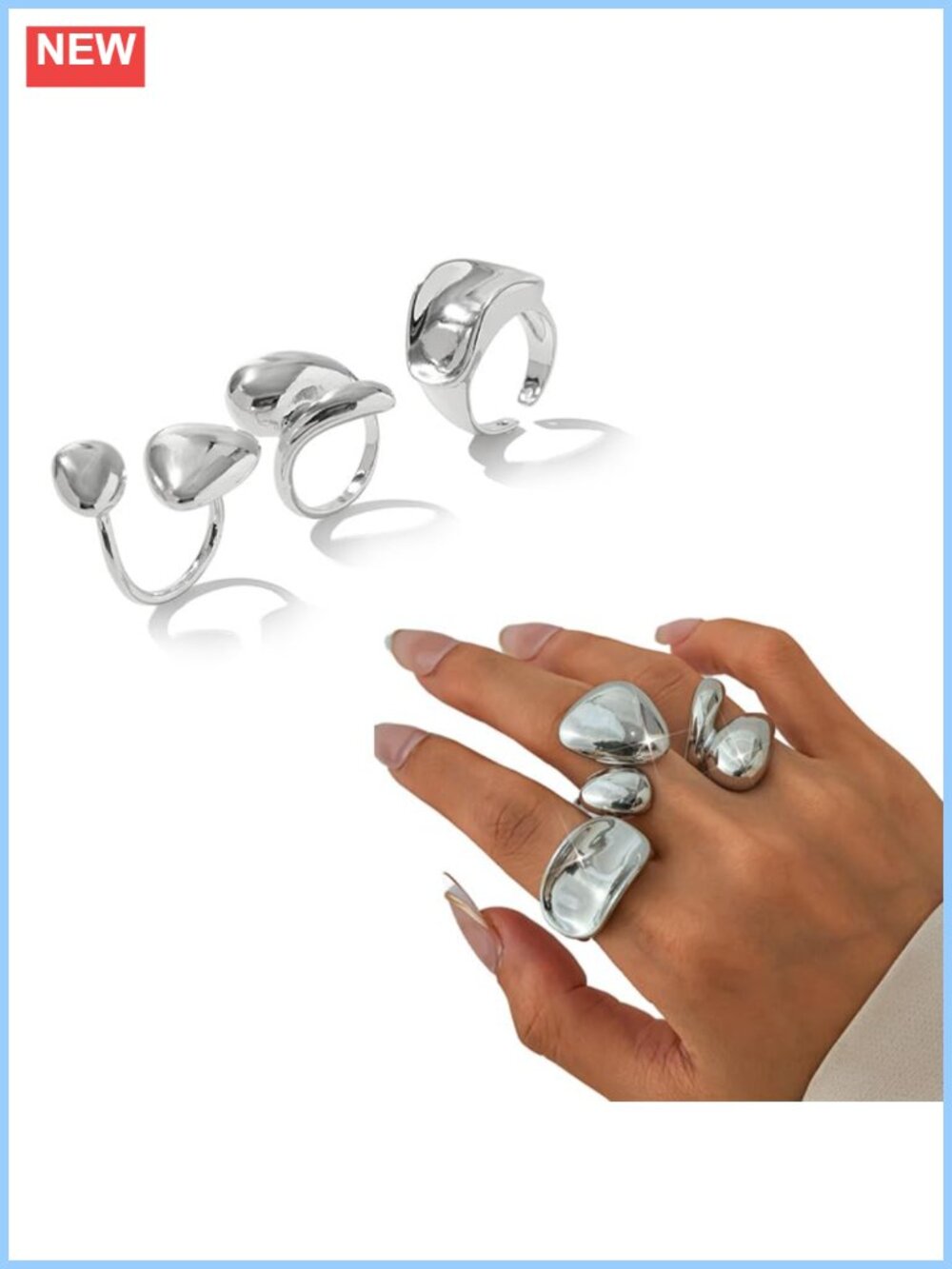 Chunky Stainless Steel Adjustable Stacking Rings Set Statement Jewelry - Picture 2 of 5